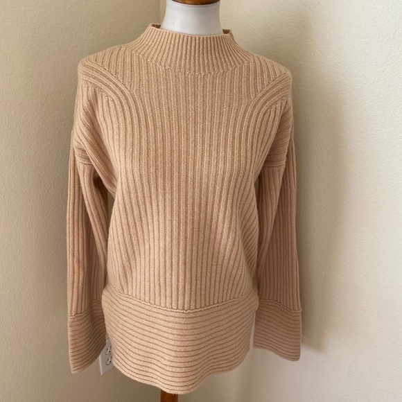 Club Monaco Women’s Cashmere Ribbed Mock Neck Sweater Beige Size M Knit Pullover - Picture 1 of 6